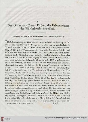 1: Des Obrist von Petri Project, die Urbarmachung des Warthebruchs betreffend
