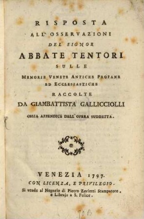 Risposta all'Osservazioni del Signor Abbade Tentori sulle Memorie Venete