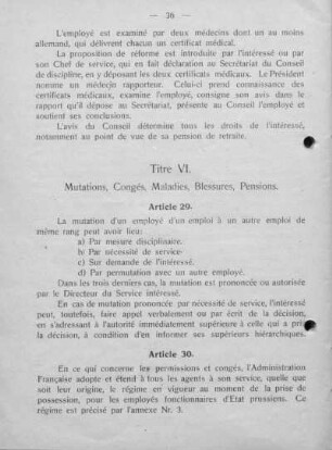 Titre VI. Mutations, Congés, Maladies, Blessures, Pensions.