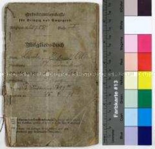 Mitgliedsbuch der Ortskrankenkasse für Leipzig und Umgegend für den Steindrucker Richard Laube