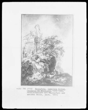Felslandschaft mit Wasserfall und antiker Ruine