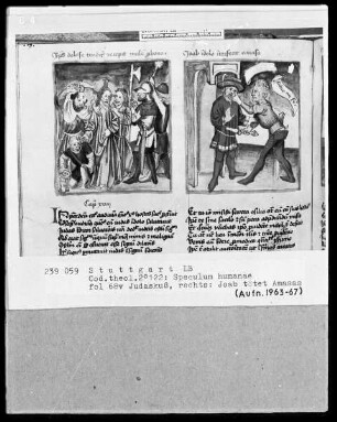 Zwei Schriften — Speculum humanae salvationis — Textseite mit zwei Miniaturen, Folio 68verso