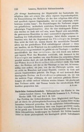 138-139 [Rezension] Lennerz, Heinrich, Natürliche Gotteserkenntnis