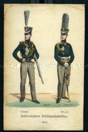 Uniformdarstellung, Schütze und Offizier des Schlesischen Schützen-Bataillons, Preußen, 1814. Aus: Der Soldatenfreund.
