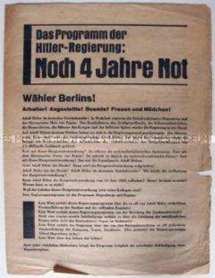 Propagandaflugblatt der SPD zur Reichstagswahl 1933 mit Bezug auf den Vierjahresplan der NSDAP