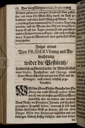 Folget etwas Von Præservirung und Bewahrung wider die Pestilentz/[...]