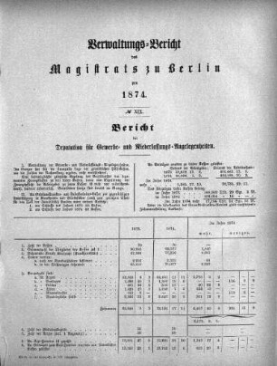 No. XIX. Bericht der Deputation für Gewerbe- und Niederlassungs-Angelegenheiten
