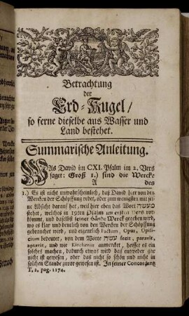 Betrachtung der Erd-Kugel/ so ferne dieselbe aus Wasser und Land bestehet.