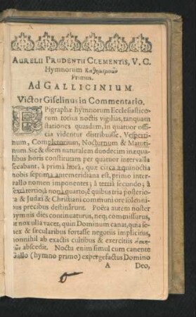 Aurelii Prudentii Clementis Hymnorum ... Primus. Ad Gallicinium.