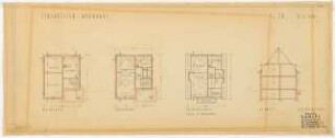 Einfamilienhaus: 1 Schnitt und 3 Grundrisse Kellergeschoss, Erdgeschoss und Obergeschoss 1:100 L. 20