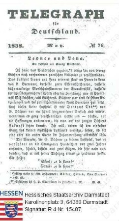 Büchner, Georg, Dr. phil. (1813-1837) / Erstdruck von 'Leonce und Lena' in einer von Karl Gutzkow bearbeiteten Fassung im Hamburger 'Telegraph für Deutschland'