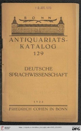 Nr. 129: Antiquariatskatalog / Friedrich Cohen, Buchhandlung und Antiquariat
