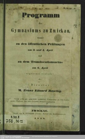 1842/43: Programm des Gymnasiums zu Zwickau : womit zu der öffentlichen Prüfung ... ergebenst einladet