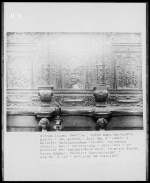 Chorgestühl, Rückwand, Detail: Gefangennahme Christi, Petri Verleugnung, Geißelung Christi