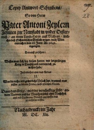 Copey Antwortschreibens an einen Landherrn auß Mähren