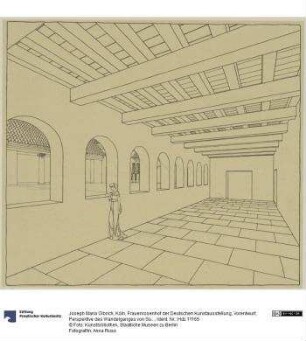 Köln, Frauenrosenhof der Deutschen Kunstausstellung, Vorentwurf, Perspektive des Wandelganges von Süden