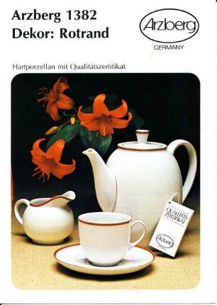 Produktprospekt zum Service "Arzberg 1382" mit Dekor "Rotrand" sowie zur Trinkglasgarnitur "Arzberg 1382"