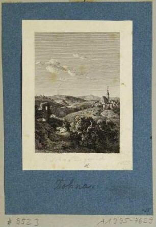 Blick über die Burgruine auf die Stadt Dohna über dem Müglitztal, im Hintergrund links das Rittergut Gamig, aus Beckers Taschenbuch zum geselligen Vergnügen 1805