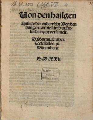 Von den hailgen : Epistel oder vnderricht Von den hailgen: an die kirch zu Ertfurdt in got versamelt