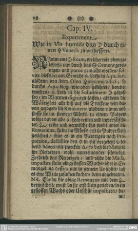 Cap. IV. Experiment. Wie in Via humida das Silber durch einen Schwefel Veneris zu verbessern