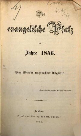 Die evangelische Pfalz im Jahre 1856 ...