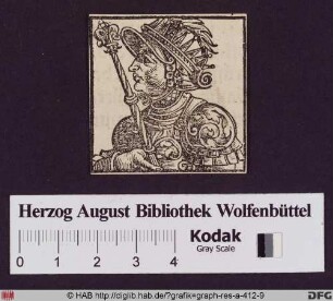 Brustbildnis eines Fürsten mit Szepter in Rüstung im Profil nach rechts.