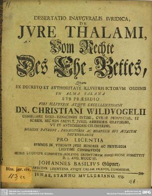 Dissertatio Inauguralis Iuridica, De Iure Thalami