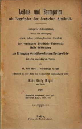 Leibniz und Baumgarten als Begründer der deutschen Aesthetik