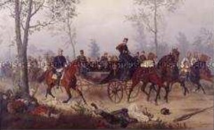 Napoleon III., Kaiser der Franzosen wird am Morgen nach der Schlacht von Sedan am 2. September 1870 durch Otto von Bismarck zu König Wilhelm I. von Preußen geleitet