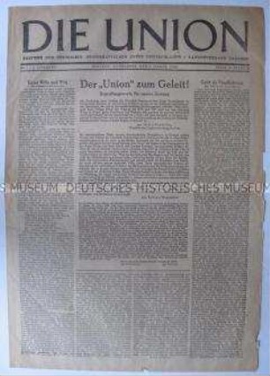 Erste Ausgabe der Landeszeitung der CDU Sachsen "Die Union" u.a. zur Weiterführung der Kriegsverbrecher-Prozesse in Nürnberg