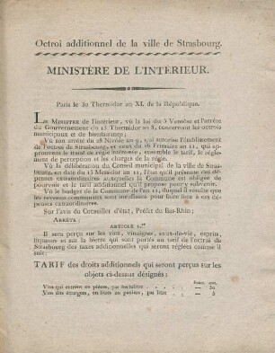 Octroi additionnel de la ville de Strasbourg. : Paris le 30 Thermidor an XI. de la République