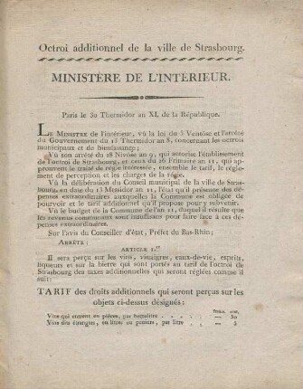 Octroi additionnel de la ville de Strasbourg. : Paris le 30 Thermidor an XI. de la République