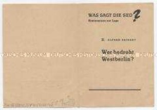 Propagandaschrift aus der Reihe "Was sagt die SED" zur Berlin-Frage