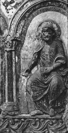 Halberstadt, ehem. Kollegiatstiftskirche Beatae Mariae Virginis, Liebfrauenkirche, nördl. Chorschranke, 7. Arkade von links, Apostel Thomas