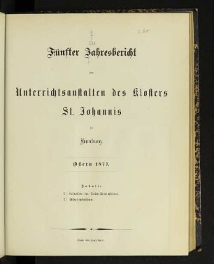 5.1877: Jahresbericht der Unterrichtsanstalten des Klosters St. Johannis zu Hamburg