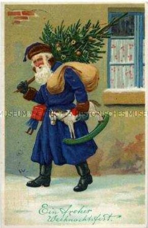 Weihnachtskarte mit bepacktem Weihnachtsmann