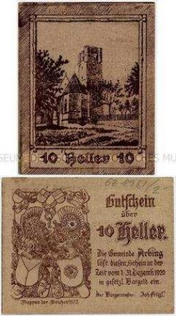 10 Heller, Notgeldschein der Gemeinde Arbing