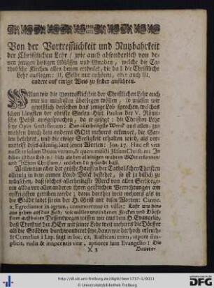 Von der Vortrefflichkeit und Nutzbarkeit der Christlichen Lehr, wie auch absonderlich von denen jenen heiligen Ablässen und Gnaden, welche die Catholische Kirchen ... ertheilet.