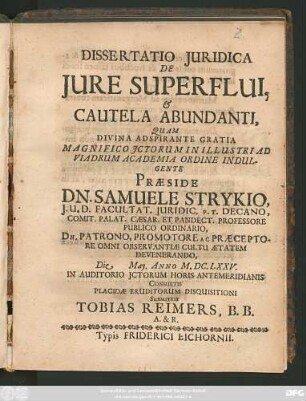 Dissertatio Iuridica De Iure Superflui, & Cautela Abundanti