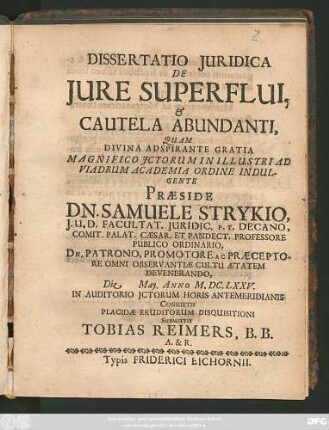 Dissertatio Iuridica De Iure Superflui, & Cautela Abundanti