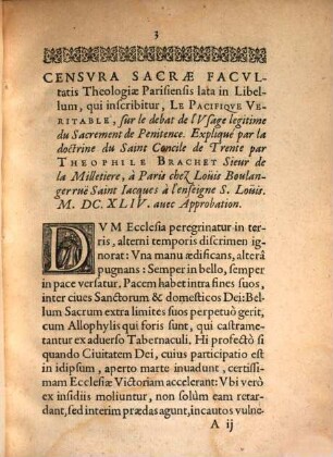 Censura Sacrae facultatis theologiae Parisiensis lata in Libellum qui inscribitur: Le Pacifique veritable sur le debat de l'usage legitime du Sacrament de Penitence