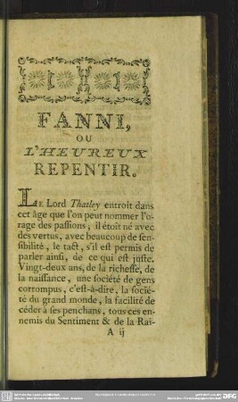 Fanni, Ou L' Heureux Repentir