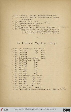 B. Fayence, Majolika u. dergl. (Nr. 381- 441)