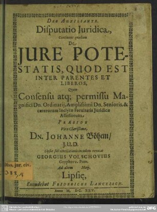 Disputatio de jure potestatis, quod est inter parentes et liberos
