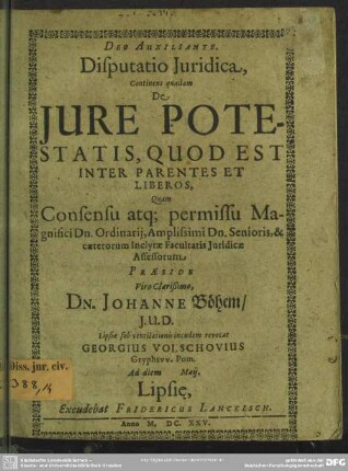 Disputatio de jure potestatis, quod est inter parentes et liberos