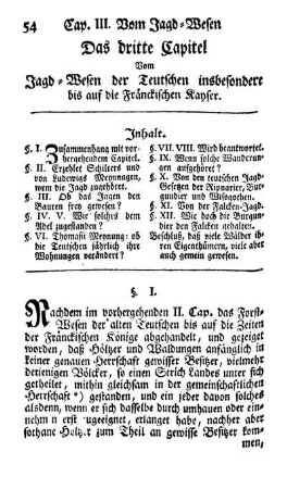 Das dritte Capitel Vom Jagd-Wesen der Teutschen insbesondere bis auf die Fränkischen Kayser.