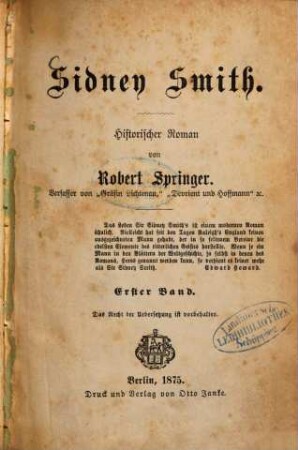 Sidney Smith : historischer Roman. 1. Band