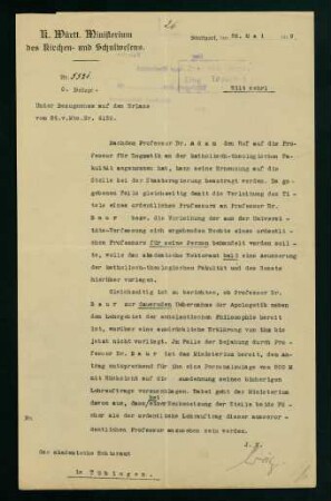 Betrifft Ernennung Baurs zum ordentlichen Professor