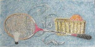Komposition mit Tennisschläger und Korb