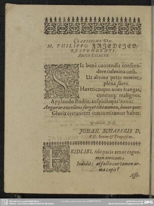 Clarissimo Dn. M. Philippo Friedlieb, Respondenti, Amico Dilecto